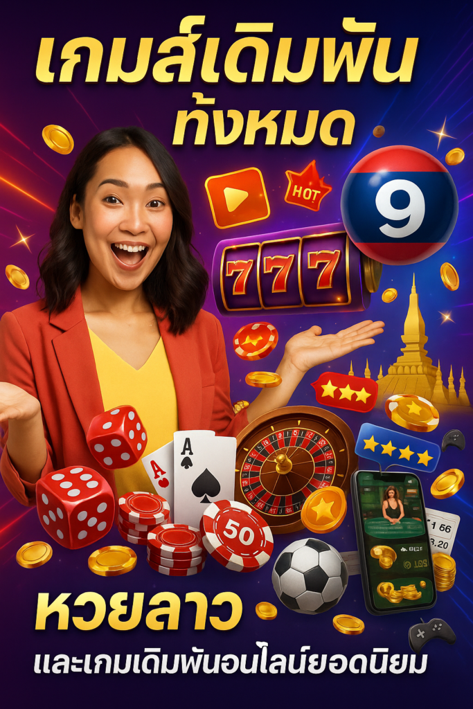 ภาพโปรโมทเกมส์เดิมพันทั้งหมด มีผู้หญิงสาวเอเชียสวยยิ้มกระตือรือร้นและตื่นเต้น แต่งกายทันสมัยสไตล์แคชชวลชิคด้วยสีสันสดใส กำลังทำท่าทางนำเสนออย่างมีชีวิตชีวา อาจกางแขนกว้างแสดงความหลากหลาย หรือถือองค์ประกอบเกมส์ พร้อมข้อความภาษาไทย "เกมส์เดิมพันทั้งหมด" และ "หวยลาว และเกมเดิมพันออนไลน์ยอดนิยม" มีลูกหวยลาวโดดเด่น องค์ประกอบวัฒนธรรมลาวเช่นเงาพระธาตุหลวง ชิปคาสิโนและไพ่ วงล้อสล็อตสีสันสดใสพร้อมสัญลักษณ์ 777 วงล้อรูเล็ต ลูกเต้าแสดงเลขนำโชค ลูกฟุตบอลพร้อมราคาต่อรอง ไพ่บาคาร่า ชิปโป๊กเกอร์ซ้อนกัน โทรศัพท์มือถือหรือแท็บเล็ตแสดงหน้าเกมส์ ป้าย HOT หรือ "ยอดนิยม" พร้อมเปลวไฟ ดาวแสดงความนิยม ถ้วยรางวัลหรือเหรียญ เหรียญทองกระจาย ไอคอนคอนโทรลเลอร์หรือจอยสติ๊ก กราฟิกใบเดิมพัน องค์ประกอบคาสิโนสด และเอฟเฟกต์ประกายแสงสดใส สื่อถึงความตื่นเต้น ครบถ้วน ความนิยม ความหลากหลาย และความบันเทิง ออกแบบด้วยโทนสีม่วง น้ำเงินไฟฟ้า ทอง แดง และสีนีออน บรรยากาศเกมส์มีพลังและสีสันสดใส