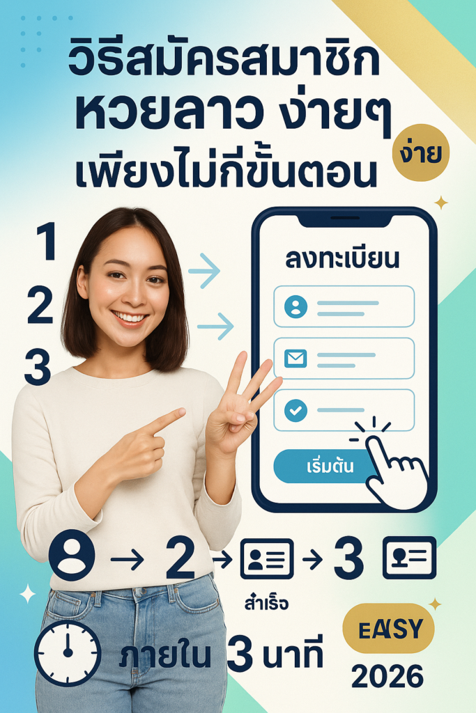 ภาพโปรโมทวิธีสมัครสมาชิกหวยลาวแบบง่ายๆ มีผู้หญิงสาวเอเชียสวยยิ้มต้อนรับและให้กำลังใจ แต่งกายลำลองทันสมัย กำลังทำท่าทางง่ายๆ เช่นนับขั้นตอนด้วยนิ้วหรือชี้ไปที่หน้าจอสมัครสมาชิก ดูเป็นมิตรและสร้างความมั่นใจว่ากระบวนการง่าย พร้อมข้อความภาษาไทย "วิธีสมัครสมาชิก หวยลาว ง่ายๆ" "เพียงไม่กี่ขั้นตอน" และ "ปี 2026" มีขั้นตอนเลข 1-2-3 หรือ 1-2-3-4 เป็นตัวเลขไทยขนาดใหญ่พร้อมไอคอนง่ายๆ โทรศัพท์มือถือหรือแท็บเล็ตแสดงฟอร์มสมัครสมาชิกที่สะอาดเรียบง่าย นิ้วแตะหรือคลิกบนหน้าจอ ไอคอนโปรไฟล์ผู้ใช้แบบง่าย ช่องกรอกอีเมลหรือเบอร์โทรศัพท์ ไอคอนสร้างรหัสผ่าน เครื่องหมายถูกแสดงความสำเร็จ ป้าย "ง่าย" หรือ EASY ออกแบบเรียบง่าย นาฬิกาแสดงเวลารวดเร็ว (เช่น "3 นาที") ลูกศรแสดงความก้าวหน้าผ่านขั้นตอน ปุ่ม "เริ่มต้น" เป็นภาษาไทย เครื่องหมายต้อนรับหรือความสำเร็จ ไอคอนบัตรประชาชนหรือเอกสารสำหรับยืนยันตัวตน และเอฟเฟกต์ประกายแสงเล็กน้อย สื่อถึงความเรียบง่าย สะอาด เป็นมิตรต่อผู้ใช้ ทันสมัย รวดเร็ว และสร้างความมั่นใจ ออกแบบด้วยโทนสีน้ำเงินสดใส ขาว เขียวมิ้นท์ และทอง บรรยากาศสว่างเข้าถึงง่ายและมินิมัลลิสต์ร่วมสมัย เน้นปี 2026 เป็นปีปัจจุบัน