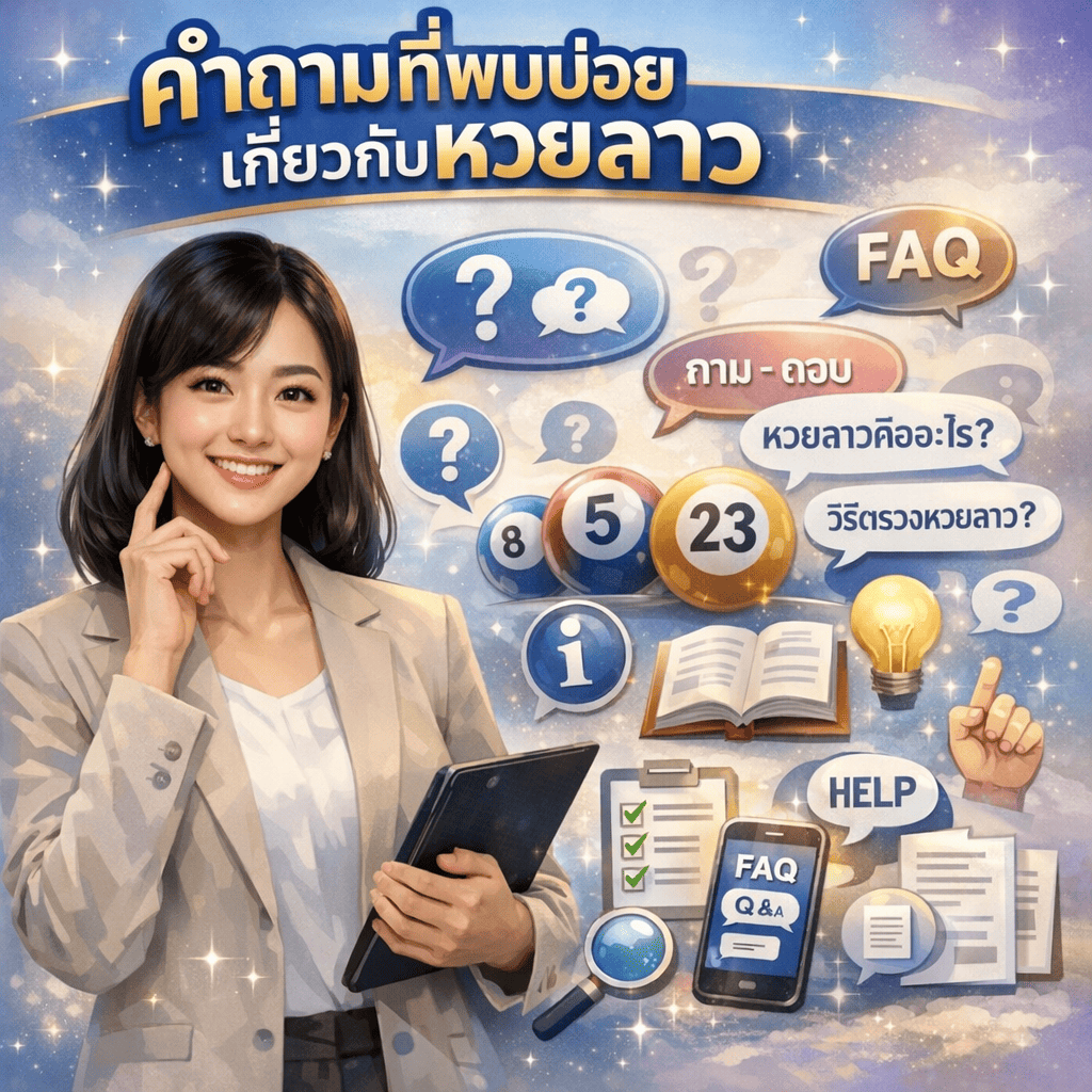ภาพโปรโมทส่วนคำถามที่พบบ่อยเกี่ยวกับหวยลาว มีผู้หญิงสาวเอเชียสวยยิ้มเป็นมิตรและเข้าถึงง่าย แต่งกายสมาร์ทแคชชวลหรือบิสซิเนสแคชชวล กำลังทำท่าทางครูหรือผู้ให้ข้อมูลที่เป็นมิตร อาจถือแท็บเล็ตหรือทำท่าทางช่วยเหลือด้วยมือข้างหนึ่งใกล้ใบหน้าในท่าทางครุ่นคิด ดูพร้อมช่วยเหลือและตอบคำถาม พร้อมข้อความภาษาไทย "คำถามที่พบบ่อยเกี่ยวกับหวยลาว" โดดเด่นที่ตรงกลางหรือด้านบน มีไอคอนเครื่องหมายคำถามขนาดใหญ่ "?" ในกรอบพูดขนาดต่างๆ ข้อความและสัญลักษณ์ FAQ กรอบการสนทนา Q&A พร้อมข้อความไทย ลูกหวยลาวพร้อมตัวเลข ไอคอนข้อมูล "i" ในวงกลม ไอคอนหนังสือหรือคู่มือแทนคำตอบที่ครบถ้วน หลอดไฟแทนวิธีแก้ปัญหาและความกระจ่าง เช็คลิสต์พร้อมเครื่องหมายถูกแสดงคำถามที่ตอบแล้ว แว่นขยายหาข้อมูล แท็บเล็ตหรือสมาร์ทโฟนแสดงหน้า FAQ ไอคอนเอกสารหรือกระดาษพร้อมบรรทัดข้อความ สัญลักษณ์โต๊ะช่วยเหลือหรือสนับสนุนลูกค้า จำลองอินเทอร์เฟซแชท นิ้วชี้ขึ้นแนะนำเคล็ดลับที่เป็นประโยชน์ และเอฟเฟกต์ประกายแสงอ่อนๆ สื่อถึงการช่วยเหลือ ความชัดเจน ให้ข้อมูล ความน่าเชื่อถือ เป็นมิตรต่อผู้ใช้ และเน้น FAQ ออกแบบด้วยโทนสีฟ้าอ่อน ขาว ลาเวนเดอร์ และทอง บรรยากาศสว่างต้อนรับและการออกแบบข้อมูลที่สะอาดทันสมัย